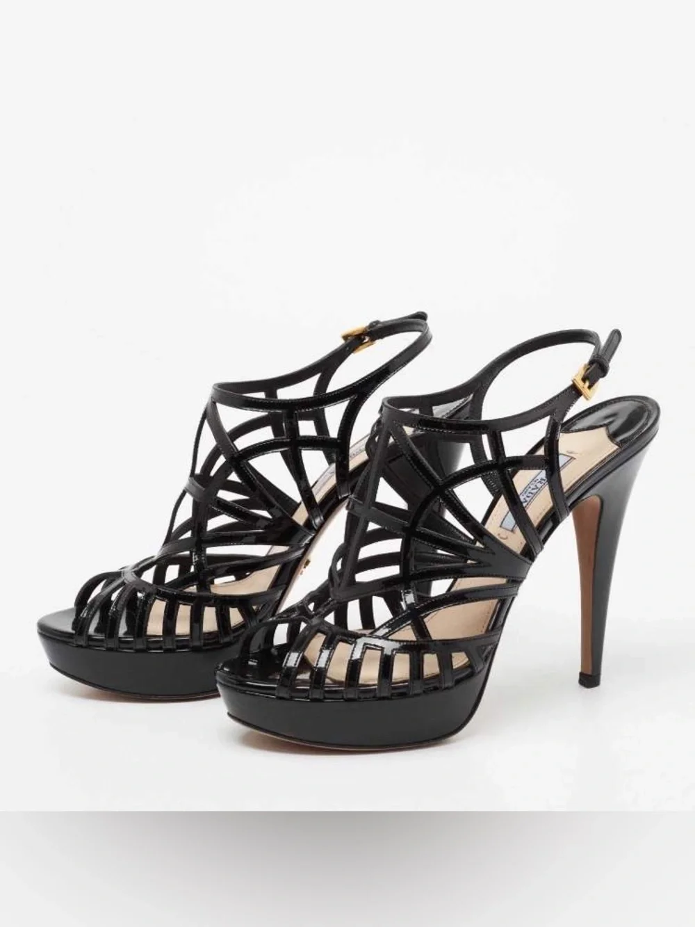 Prada Black Patent Leather Caged Platform Sandals